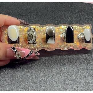 Short square press on nails black french tips lace milky white aura handmade